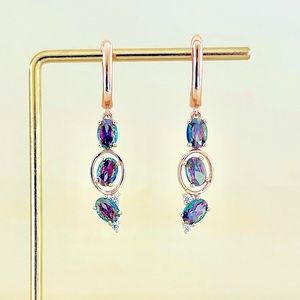 14K Gold Purple Three Stone Dangle Earrings